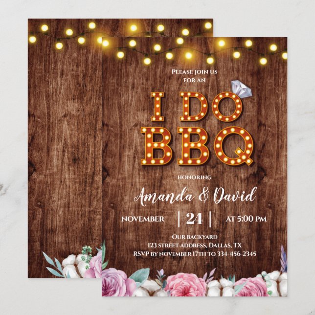 Rustic Wood Floral Cotton I Do BBQ Invitation (Front/Back)