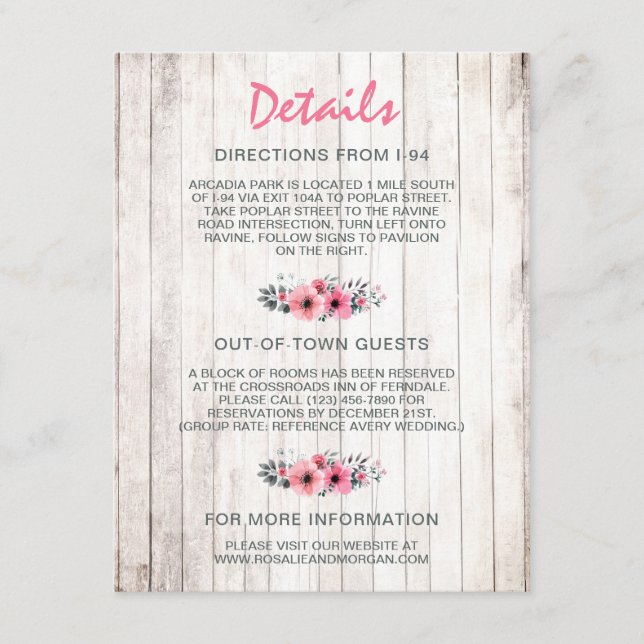 Rustic Wood Floral Country Wedding Details Insert (Front)