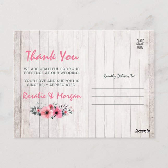 Rustic Wood Floral Country Wedding Thank You Photo Postcard (Back)