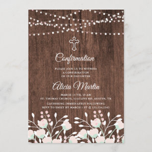Rustic wood floral cross confirmation invitation