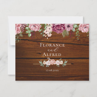 Rustic wood floral elegant white maroon wedding  card