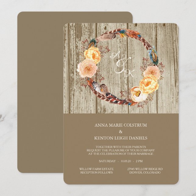 Rustic Wood Floral Feather Wreath Wedding Invitation (Front/Back)