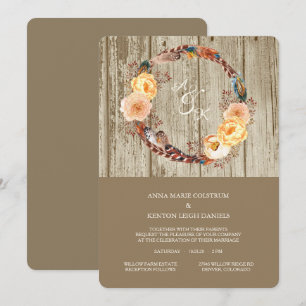 Rustic Wood Floral Feather Wreath Wedding Invitation