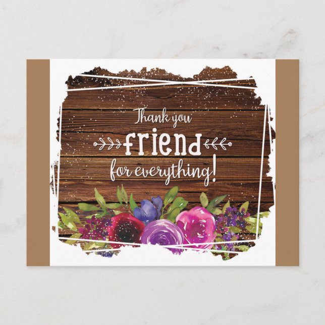 Rustic Wood Floral Friend Thank You Postcard (Front)