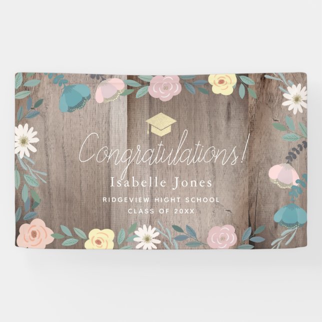 Rustic Wood Floral Garden Graduation Banner (Horizontal)