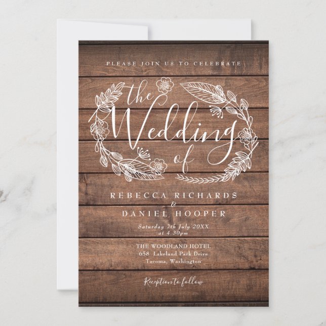 Rustic Wood Floral Garland Script Wedding Invitation (Front)