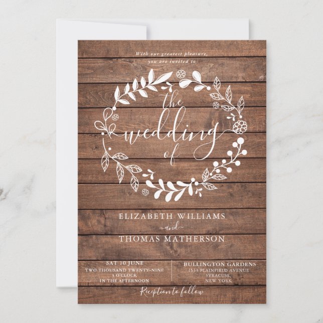 Rustic Wood Floral Garland Wedding Invitation (Front)