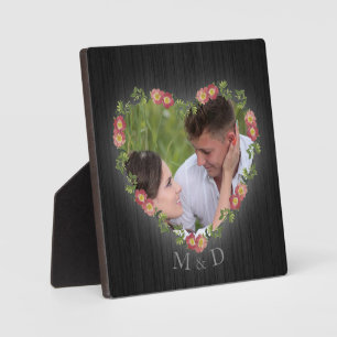 Rustic Wood Floral Heart Photo and Initials Plaque