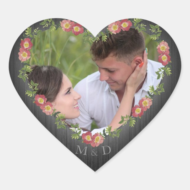 Rustic Wood Floral Heart Photo Heart Heart Sticker (Front)