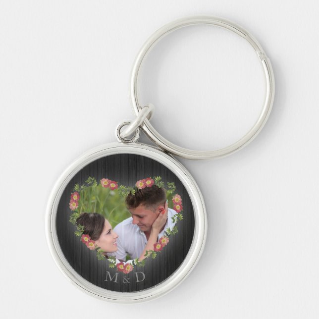 Rustic Wood Floral Heart Photo Key Ring (Front)