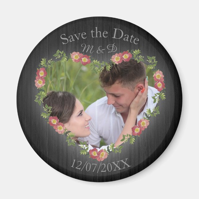 Rustic Wood Floral Heart Photo Magnet (Front)