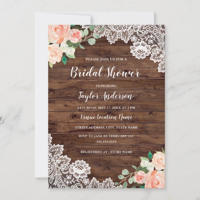Rustic Wood Floral Lace Bridal Shower Invitation (Front)
