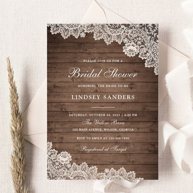 Rustic Wood Floral Lace Bridal Shower Invitation (Creator Uploaded)