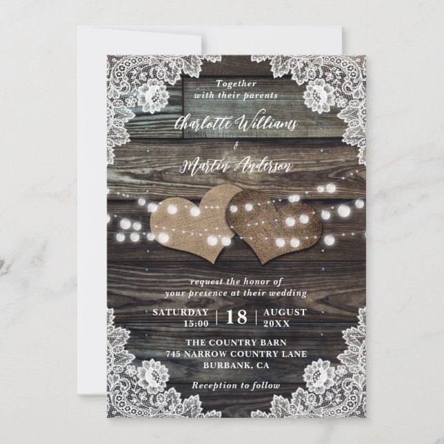 Rustic Wood Floral Lace Burlap Hearts Wedding Invitation (Front)