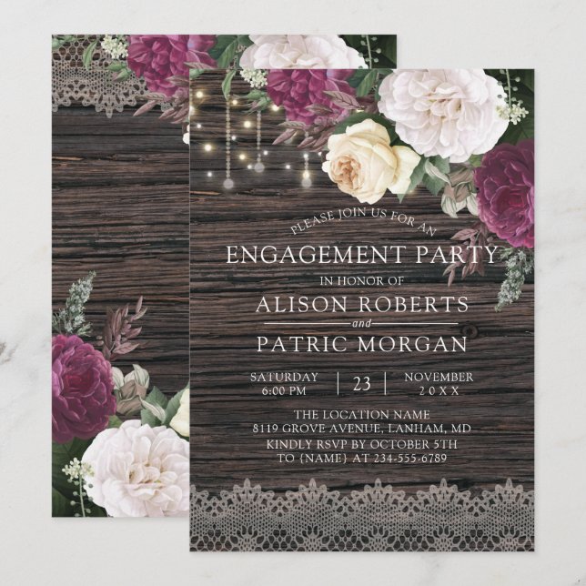 Rustic wood Floral Lace Engagement Party Invitation (Front/Back)