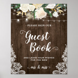 Rustic Wood Floral Lace Guestbook Wedding Sign