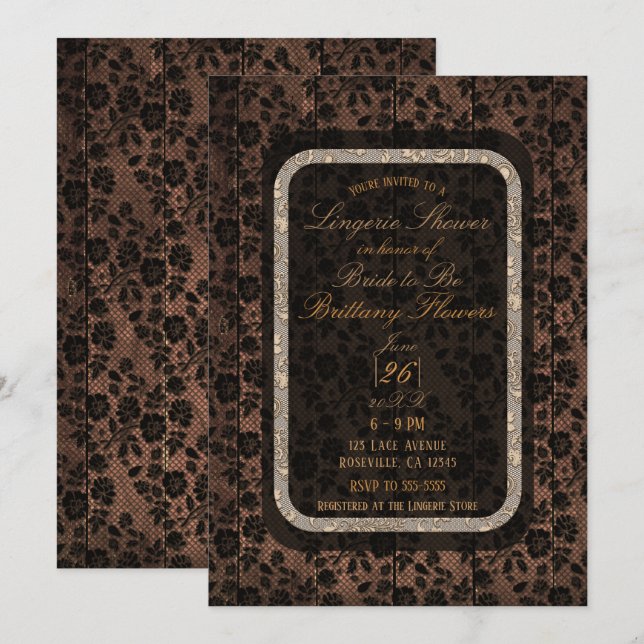 Rustic Wood & Floral Lace Lacy Lingerie Shower Invitation (Front/Back)