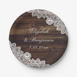 Rustic Wood Floral Lace String Lights Wedding Paper Plate