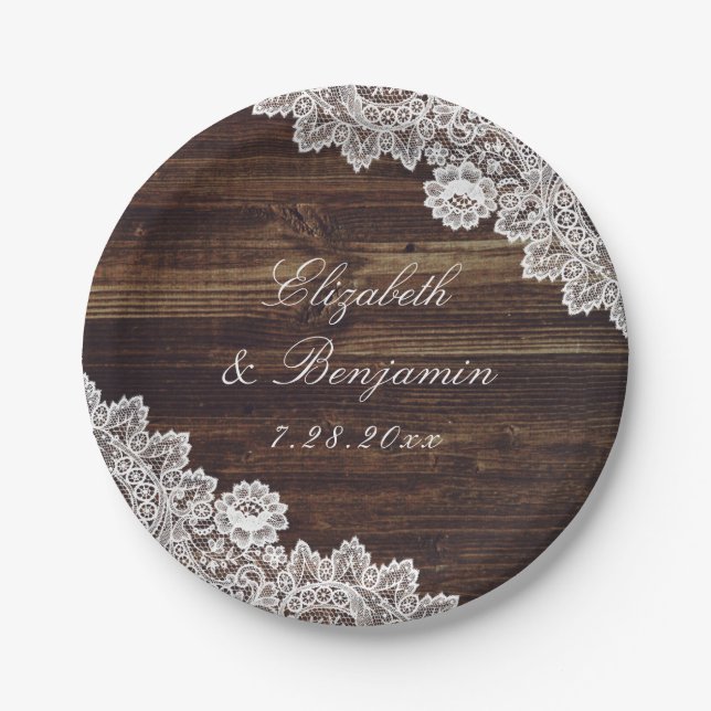 Rustic Wood Floral Lace String Lights Wedding Paper Plate (Front)