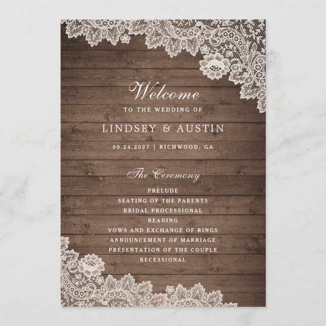 Rustic Wood Floral Lace Wedding Program Programme (Front)