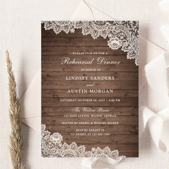 Rustic Wood Floral Lace Wedding Rehearsal Dinner Invitation (Creator Uploaded)
