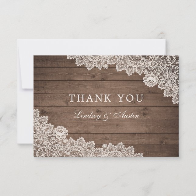 Rustic Wood Floral Lace Wedding Thank You (Front)