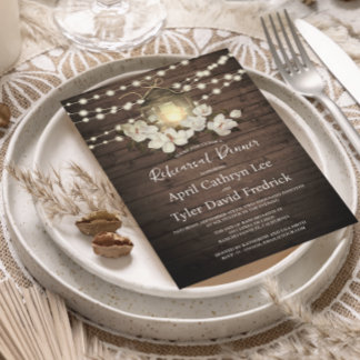Rustic Wood Floral Lantern Lights Rehearsal Dinner Invitation