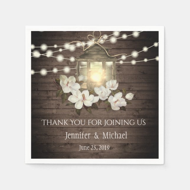 Rustic Wood Floral Lantern Lights Wedding Custom Napkin (Front)