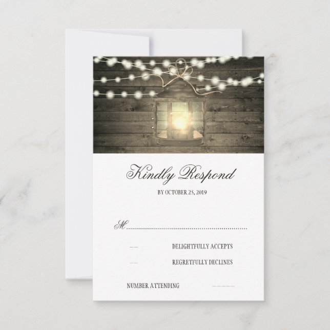 Rustic Wood Floral Lantern Lights Wedding RSVP (Front)