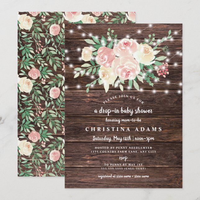 Rustic Wood Floral lights drop in girl baby shower Invitation (Front/Back)