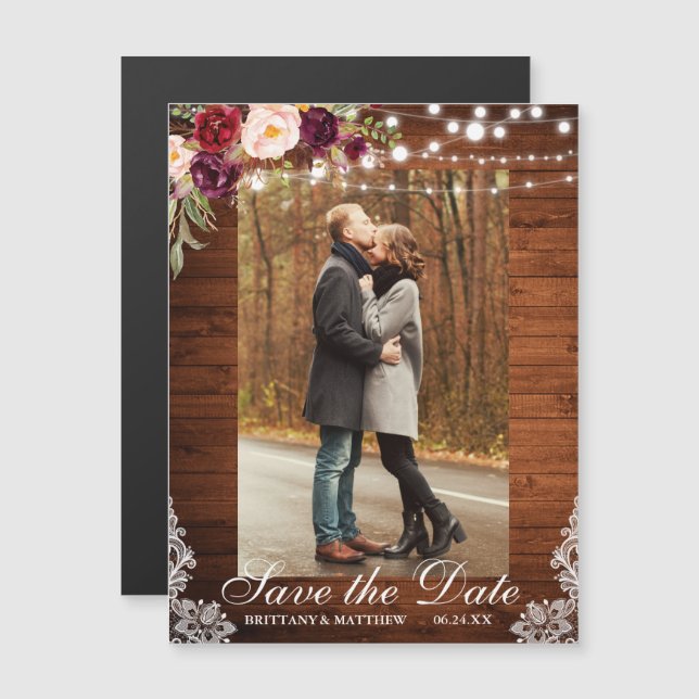 Rustic Wood Floral Lights Lace Save the Date Magnetic Invitation (Front/Back)