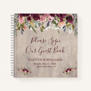 Rustic Wood Floral Lights Wedding Guest Book
