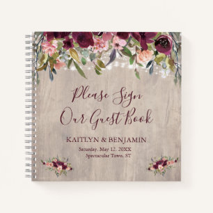 Rustic Wood Floral Lights Wedding Guest Book