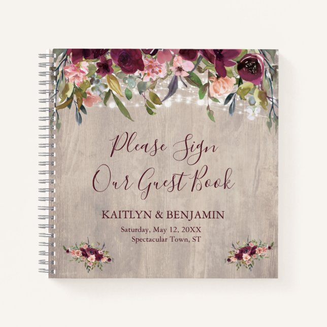Rustic Wood Floral Lights Wedding Guest Book (Front)