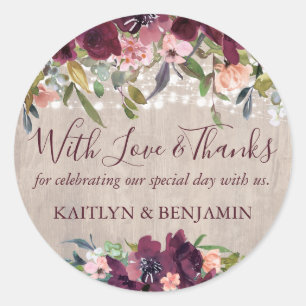 Rustic Wood Floral Lights Wedding Love & Thanks Classic Round Sticker
