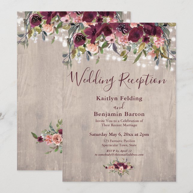 Rustic Wood Floral Lights Wedding Reception Invitation (Front/Back)