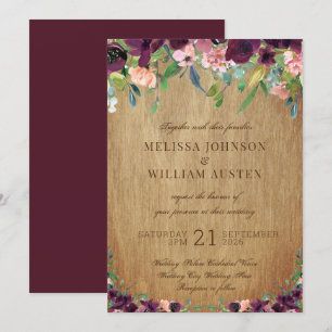 Rustic Wood Floral Marsala Wedding Invitation