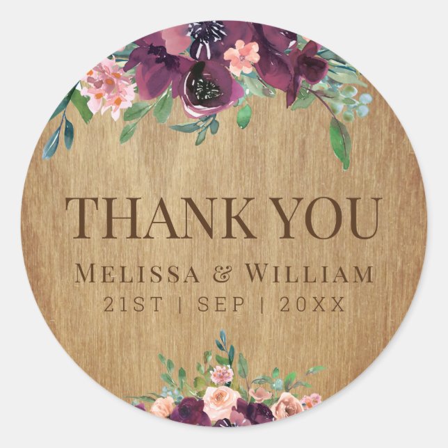 Rustic Wood Floral Marsala Wedding Thank You Classic Round Sticker (Front)