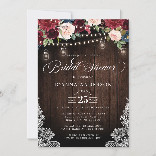 Rustic Wood Floral Mason Jar Bridal Shower Invitation (Front)