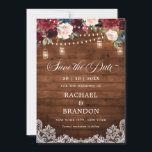 Rustic Wood Floral Mason Jar Save the Date<br><div class="desc">Rustic country wood floral boho wedding save the date card features hand-painted watercolor floral graphics / roses in rich tones of Burgundy , Marsala Red navy blue and blush pink / peach and charming hand lettering style font with String lights mason jar and lace wooden background. Please contact me for...</div>