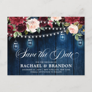 Rustic Wood Floral Mason Jar Save the Date Postcard