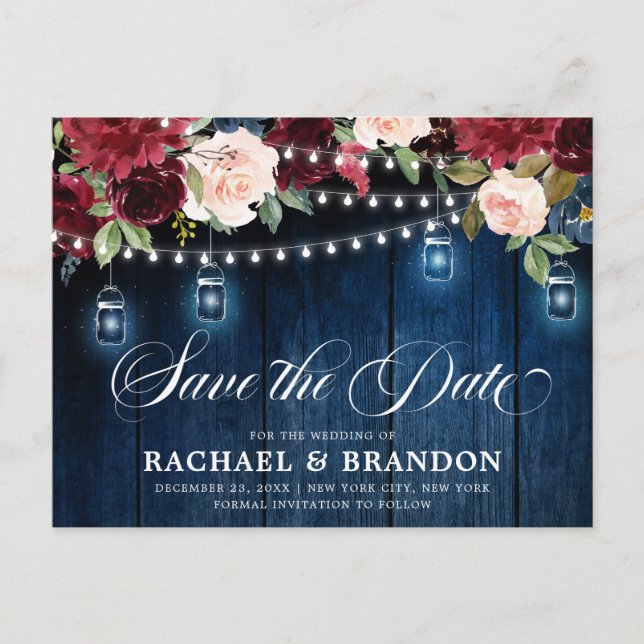 Rustic Wood Floral Mason Jar Save the Date Postcard (Front)