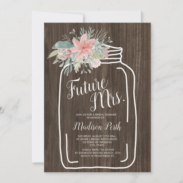 Rustic wood floral mason jar script bridal shower invitation (Front)