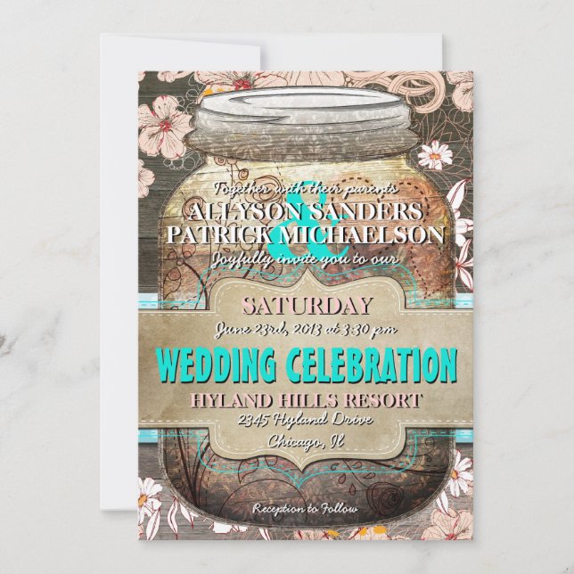 Rustic Wood & Floral Mason Jar Wedding Invitation (Front)