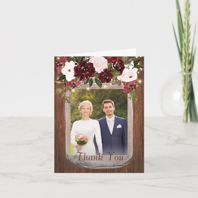Rustic Wood Floral Mason Jar Wedding Photo Thank You Card (Front)