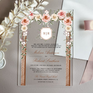 Rustic Wood Floral Monogram Crest Canopy Wedding Acrylic Invitations