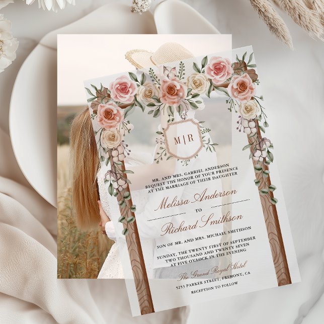 Rustic Wood Floral Monogram Crest Canopy Wedding Vellum Invitations (Creator Uploaded)