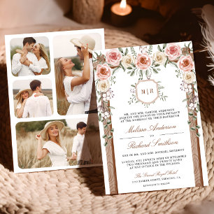 Rustic Wood Floral Monogram Photo Canopy Wedding Invitation