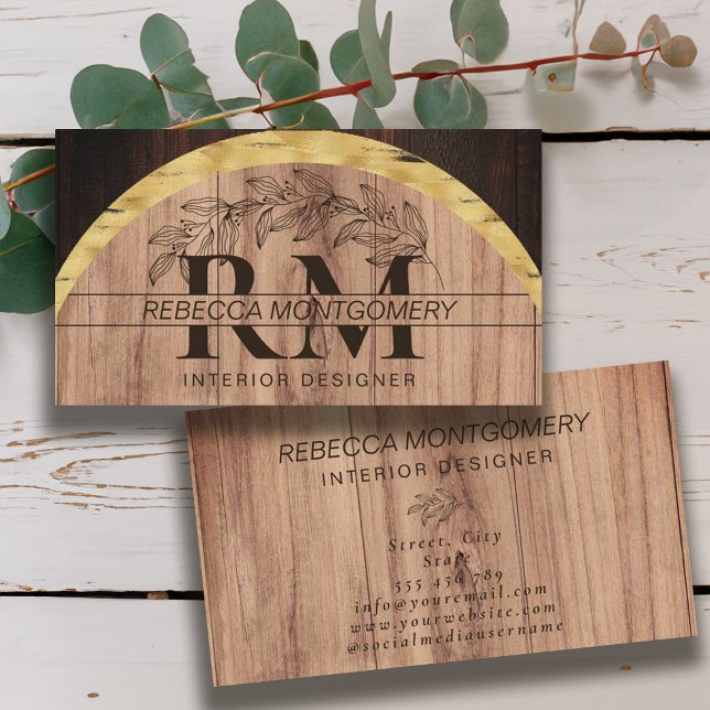 Rustic Wood Floral Monogrammed Gold Business Card (Rustic Wood Floral Monogrammed Gold Business Card)