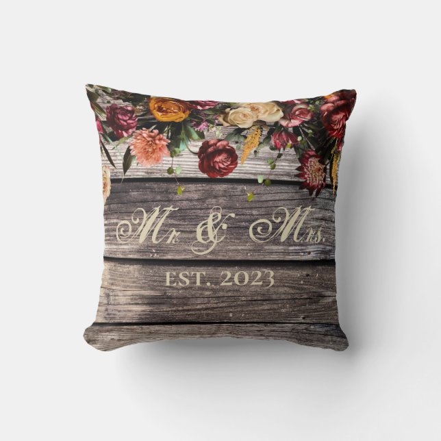 Rustic Wood Floral Mr & Mrs Wedding Keepsake Cushion (Front)